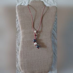 New Handmade Peacock & White Pearl & Red Leather Dangle Necklace